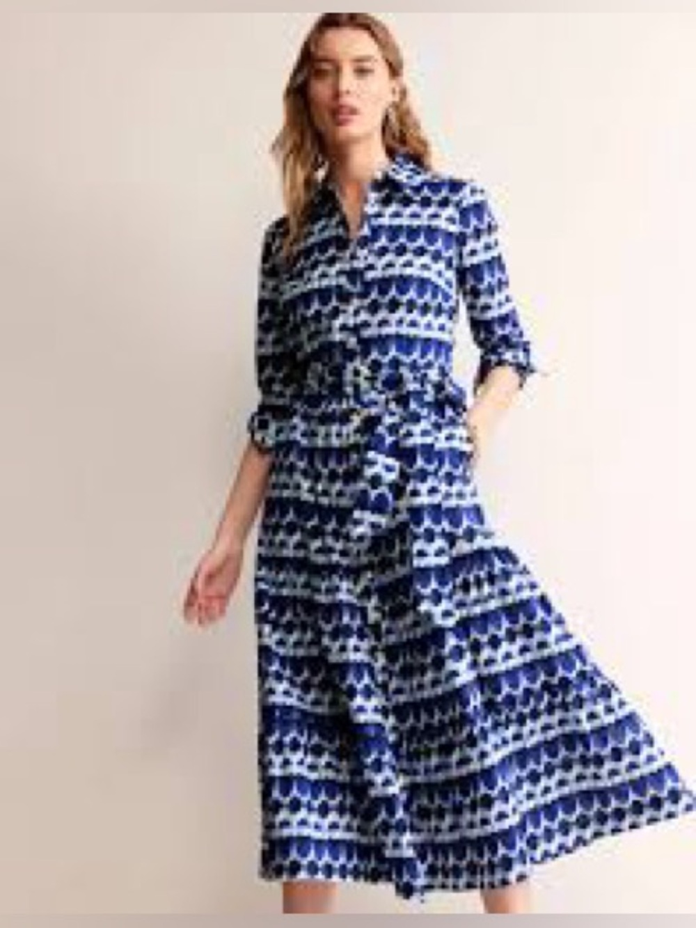 Boden Flo Blue Patterned Midi Shirt Dress with Tie Waist Size 8